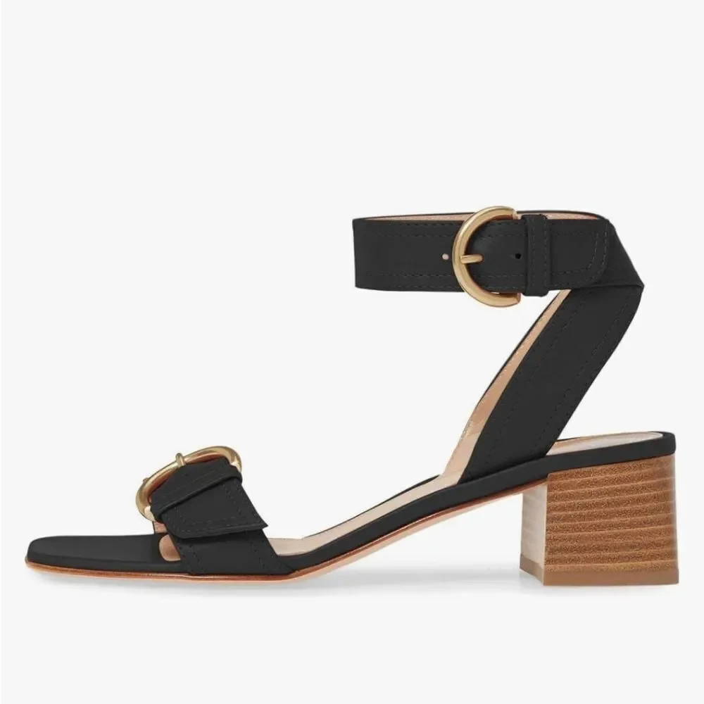 NEW SODA Square Open Toe Metal Buckle Sandals Satacked Low Heel SANDAL